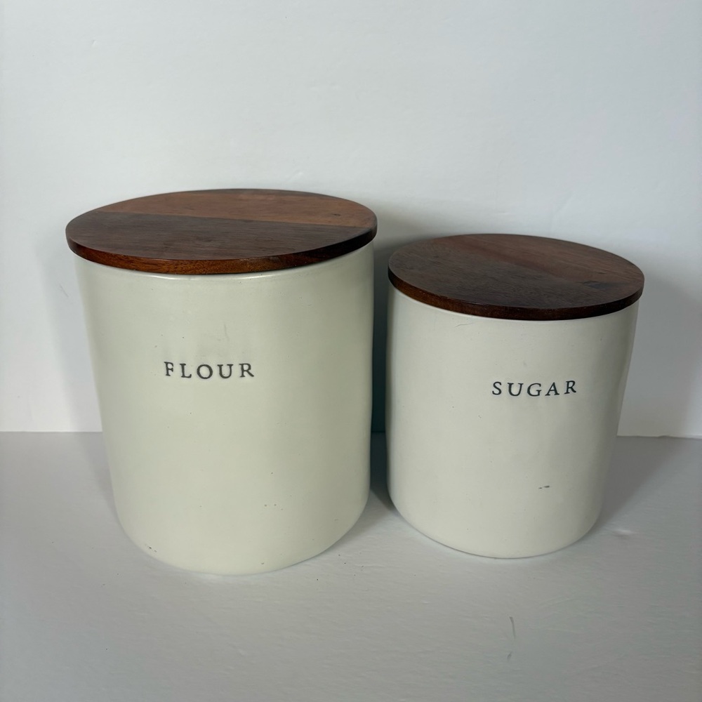 Magnolia White Ceramic Canister Flour & Sugar Set with Wooden Lids